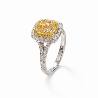 СРІБНА КАБЛУЧКА З ЖОВТИМ КАМЕНЕМ ТА ПОДВІЙНИМ ОБРАМЛЕННЯМ