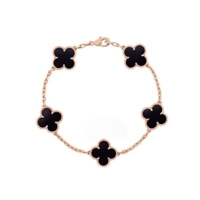 БРАСЛЕТ  ЧОРНИЙ КЛЕВЕР 5 КВІТОЧОК В РОЖЕВОМУ ЗОЛОТІ