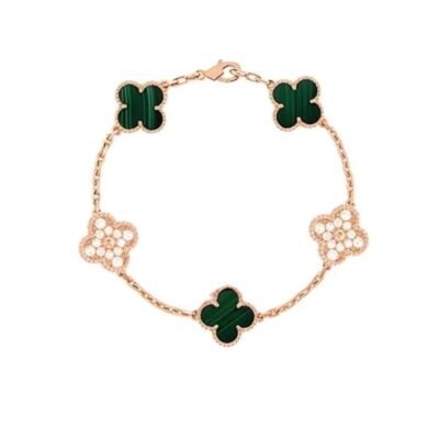 БРАСЛЕТ КЛЕВЕР З ЗЕЛЕНИМ МАЛАХІТОМ В РОЖЕВОМУ ЗОЛОТІ