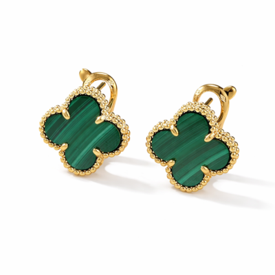 СЕРЕЖКИ КЛЕВЕР З ЗЕЛЕНИМ МАЛАХІТОМ В ЛИМОННОМУ ЗОЛОТІ (очікуємо через 2,5 тижня)
