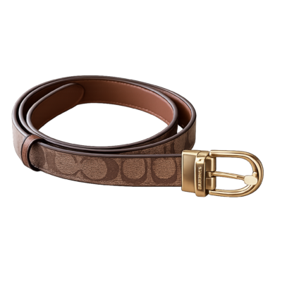 Шкіряний ремінь Coach коричневий з монограмою та золотистою пряжкою